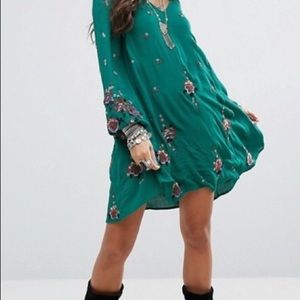 Free People Teal Oxford Embroidered Shift Dress